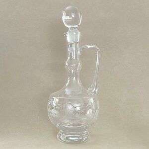 Vintage Romanian Etched Glass Decanter Cruet w/ Stopper & Handle 12” Tall